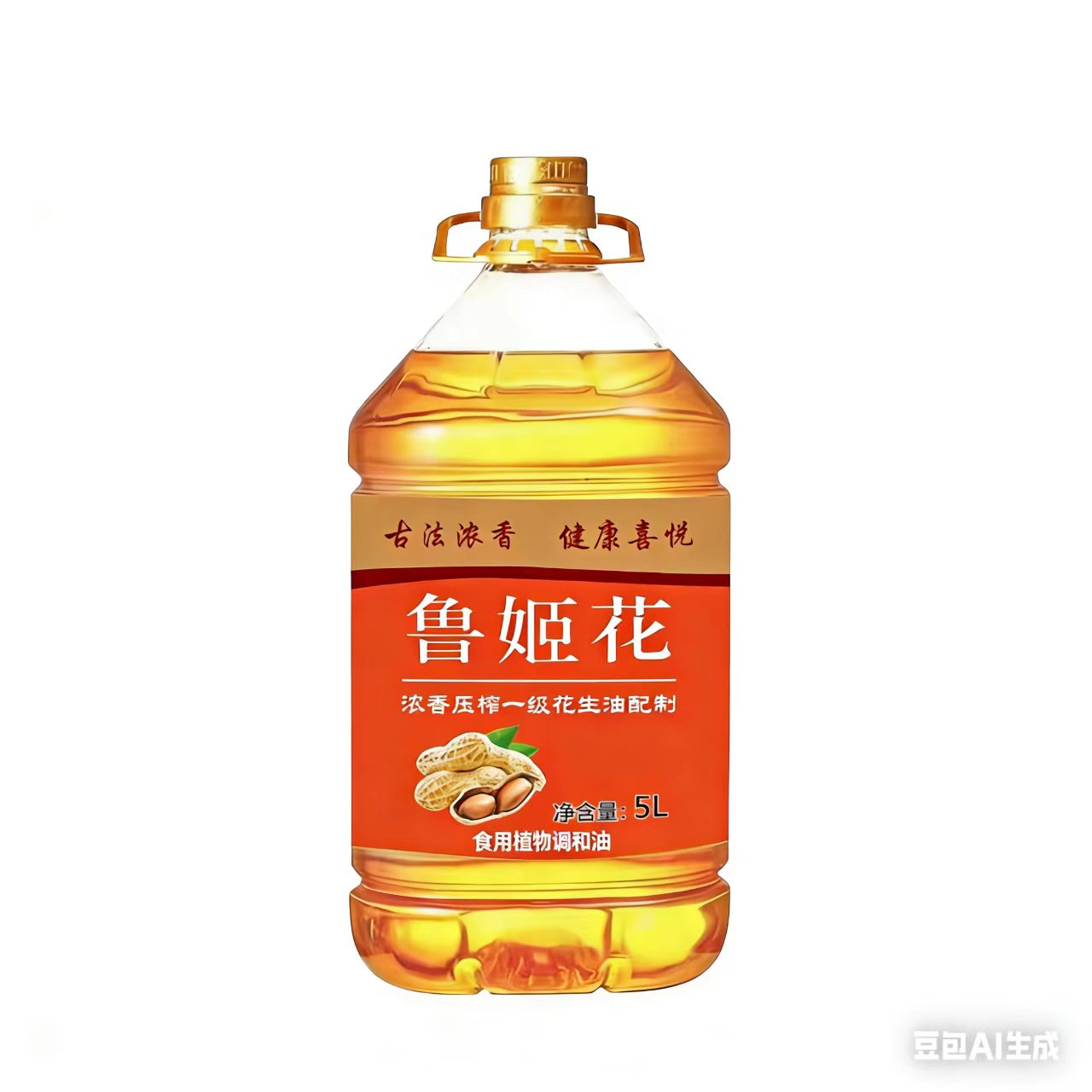 鲁姬花纯正花生油产品包装，透明瓶身显示金黄色花生油，标签设计简洁大方，突出品牌标识